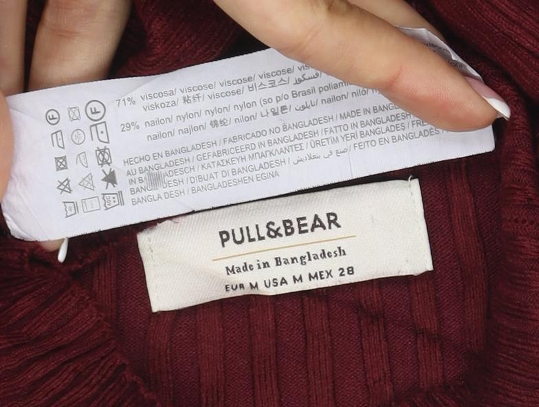Pull&Bear Women Red M Ribbed Mock Neck Slim Knit Pullover Jumper