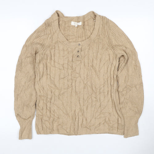 Per Una Women Beige S Cable Knit Cotton Blend Henley Jumper