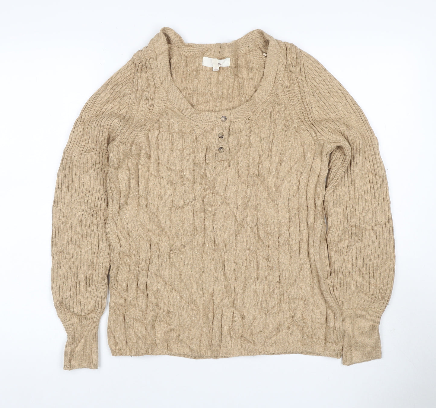 Per Una Women Beige S Cable Knit Cotton Blend Henley Jumper