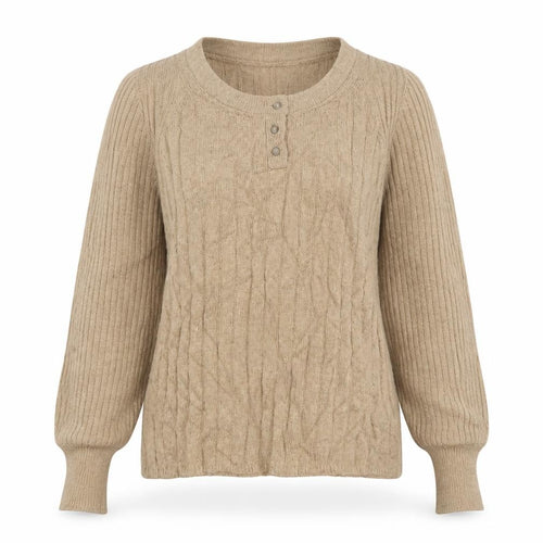 Per Una Women Beige S Cable Knit Cotton Blend Henley Jumper