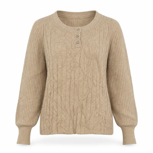 Per Una Women Beige S Cable Knit Cotton Blend Henley Jumper