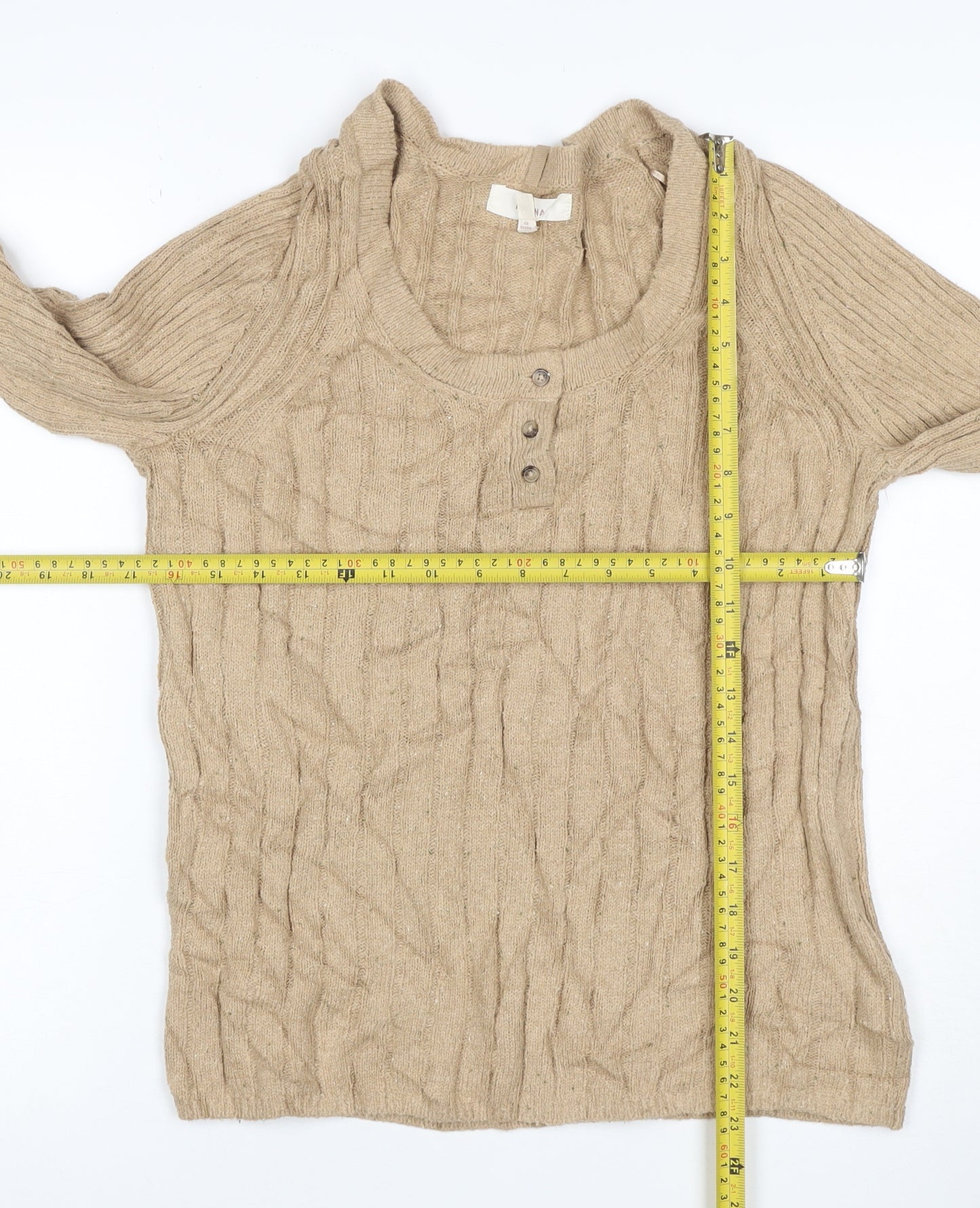 Per Una Women Beige S Cable Knit Cotton Blend Henley Jumper