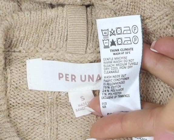 Per Una Women Beige S Cable Knit Cotton Blend Henley Jumper