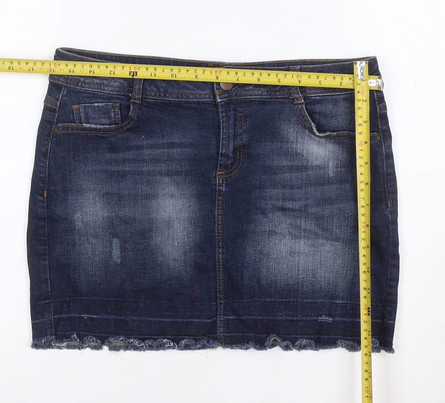 DP Denim Women’s Blue UK 12 Stretch Pencil Mini Skirt Raw Hem