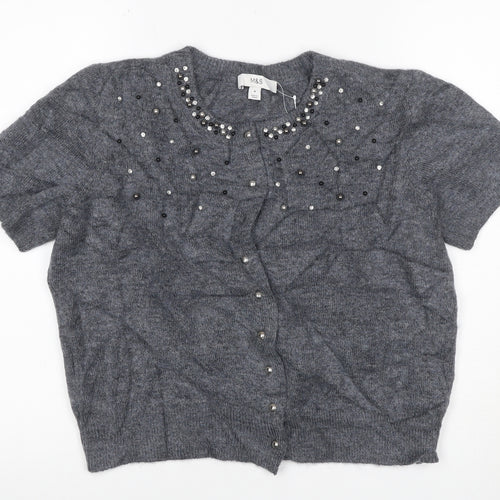 Marks and Spencer Women Grey M Beaded Rhinestone Short Sleeve Cardigan