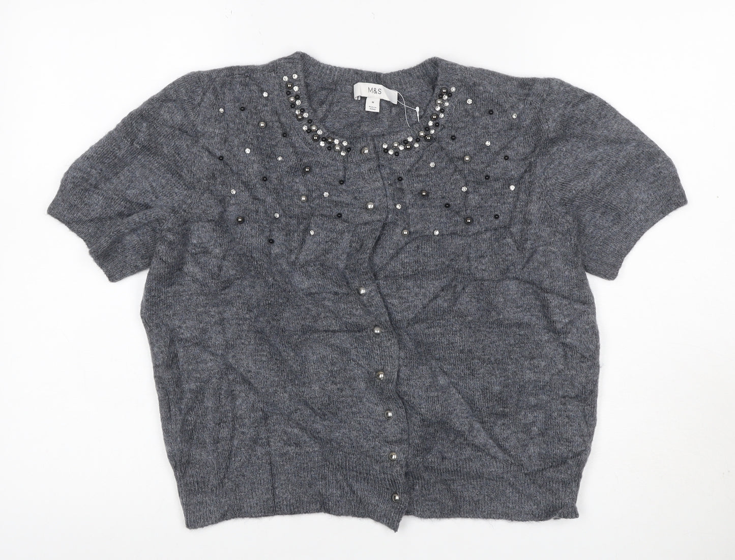 Marks and Spencer Women Grey M Beaded Rhinestone Short Sleeve Cardigan