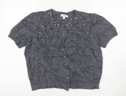 Marks and Spencer Women Grey M Beaded Rhinestone Short Sleeve Cardigan