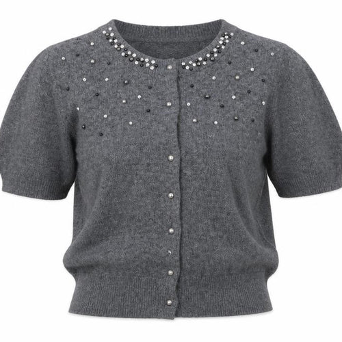 Marks and Spencer Women Grey M Beaded Rhinestone Short Sleeve Cardigan