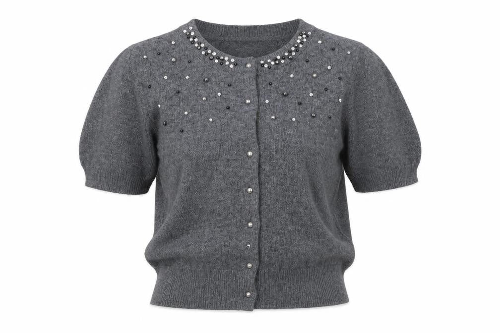 Marks and Spencer Women Grey M Beaded Rhinestone Short Sleeve Cardigan