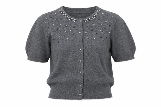 Marks and Spencer Women Grey M Beaded Rhinestone Short Sleeve Cardigan
