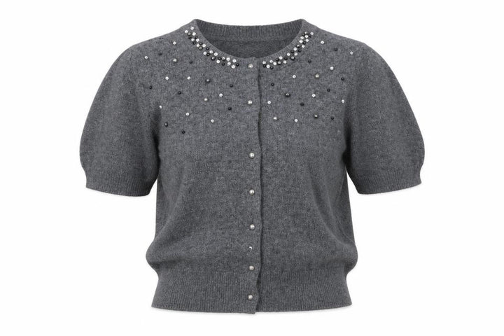 Marks and Spencer Women Grey M Beaded Rhinestone Short Sleeve Cardigan