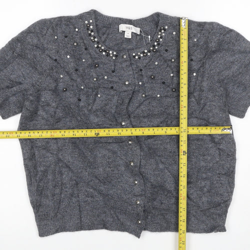 Marks and Spencer Women Grey M Beaded Rhinestone Short Sleeve Cardigan