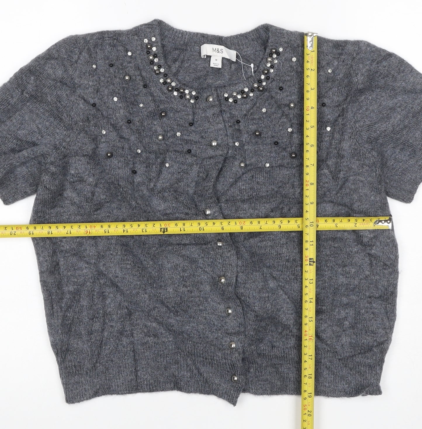 Marks and Spencer Women Grey M Beaded Rhinestone Short Sleeve Cardigan
