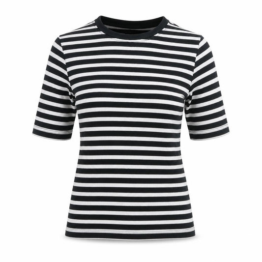 Sinsay Women Black White Stripe Ribbed 3/4 Sleeve Crew Neck T-Shirt S