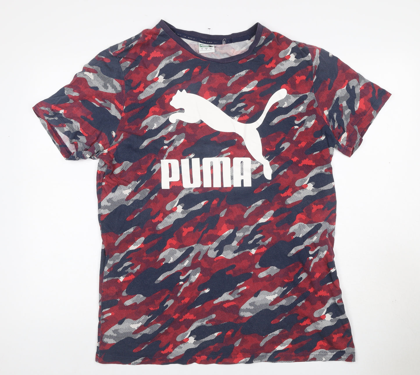 Puma Men's Red Blue Camo Logo Graphic Crew Neck T-Shirt Size L