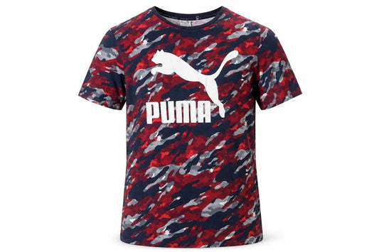 Puma Men's Red Blue Camo Logo Graphic Crew Neck T-Shirt Size L