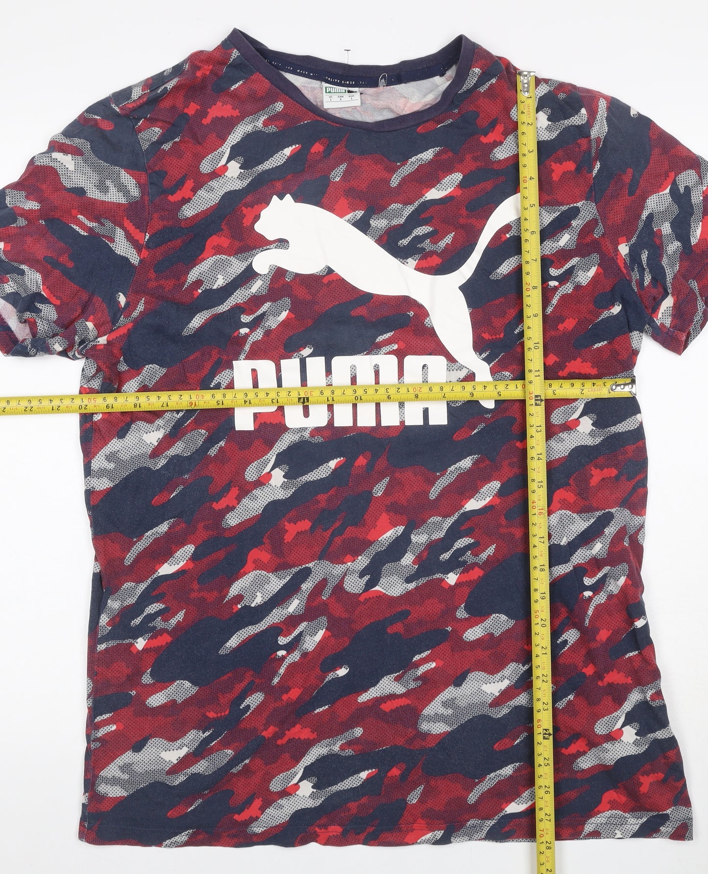 Puma Men's Red Blue Camo Logo Graphic Crew Neck T-Shirt Size L