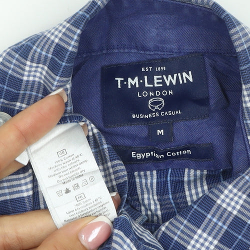 T.M. Lewin Men's Blue Plaid Egyptian Cotton Button-Down Shirt M