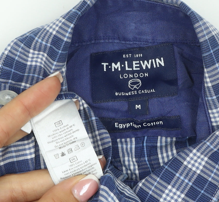 T.M. Lewin Men's Blue Plaid Egyptian Cotton Button-Down Shirt M