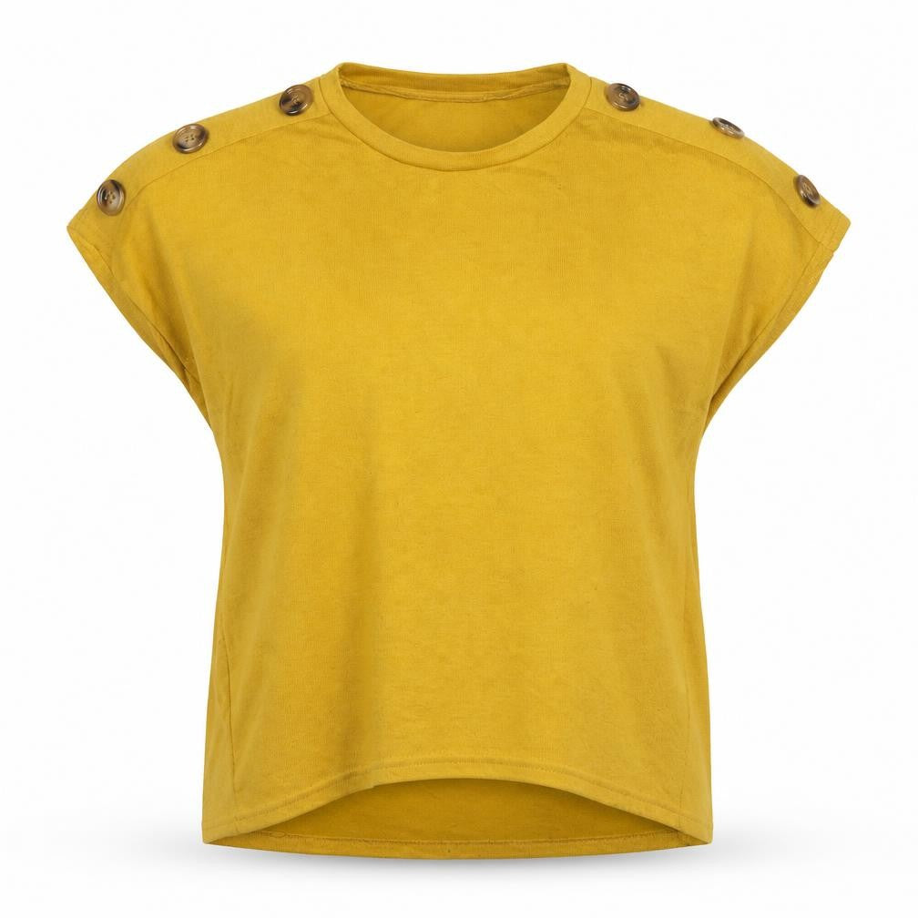 Blue Vanilla Women Yellow S/M Button Shoulder Jersey Top