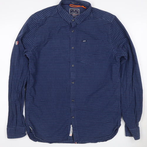 Superdry Men Blue Check Cotton Button-Up Shirt XL Long Sleeve