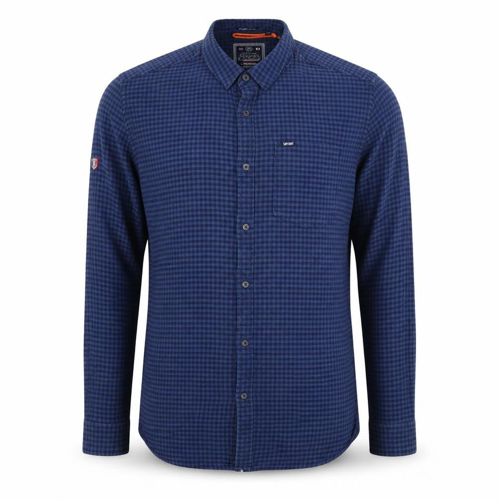 Superdry Men Blue Check Cotton Button-Up Shirt XL Long Sleeve