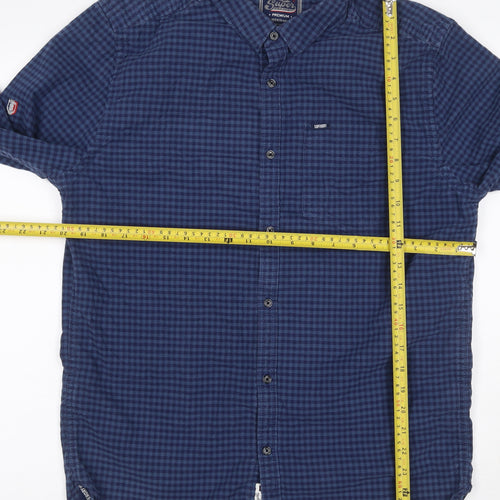 Superdry Men Blue Check Cotton Button-Up Shirt XL Long Sleeve