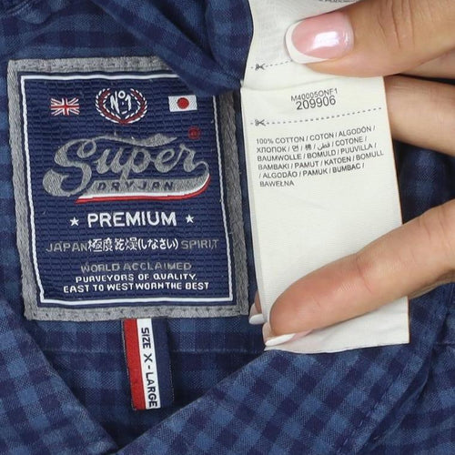 Superdry Men Blue Check Cotton Button-Up Shirt XL Long Sleeve