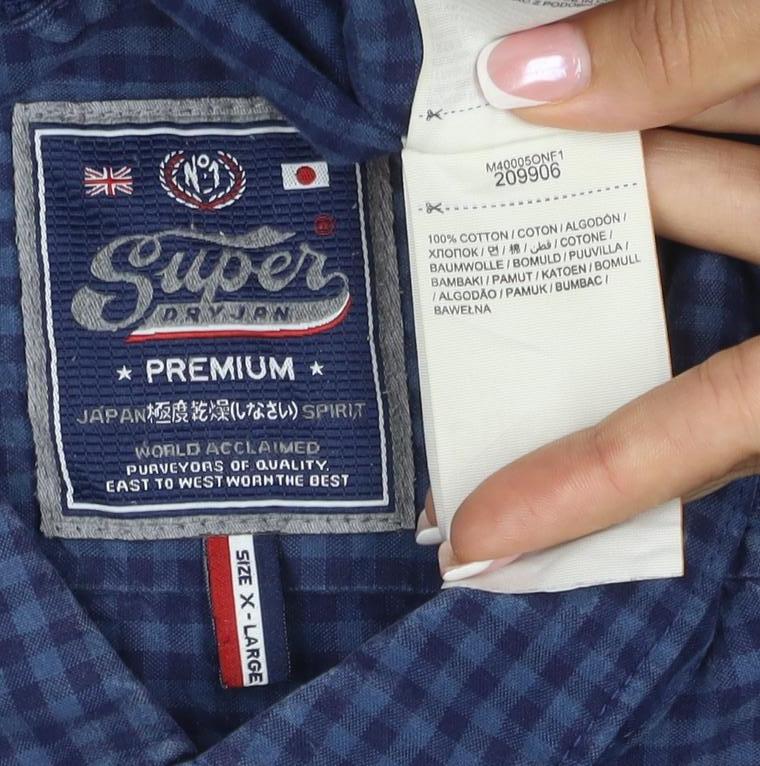 Superdry Men Blue Check Cotton Button-Up Shirt XL Long Sleeve