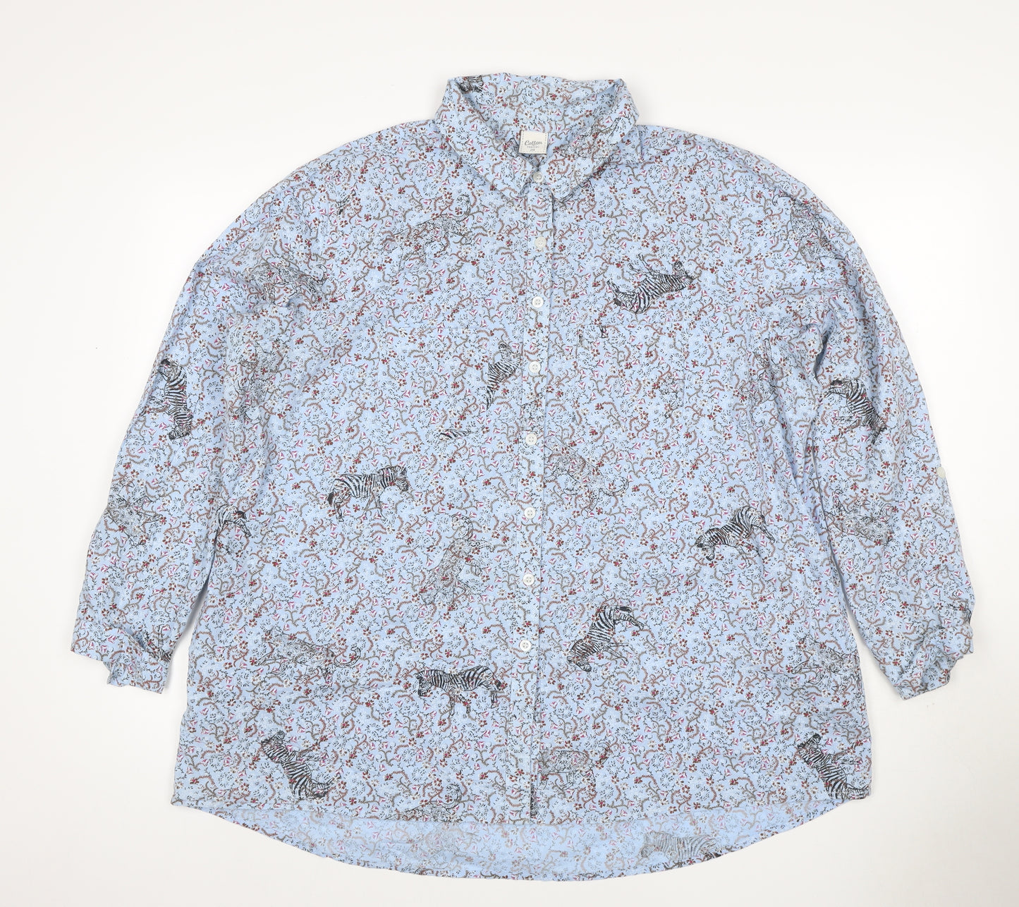 Cotton Traders Women Blue Size 20 Floral Zebra Cotton Button-Up Shirt