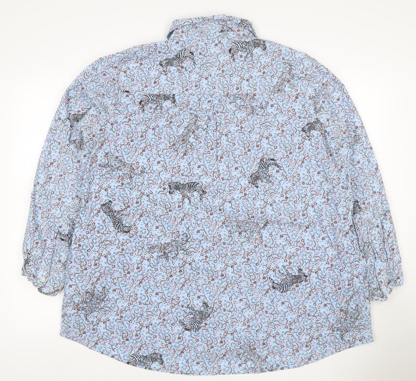 Cotton Traders Women Blue Size 20 Floral Zebra Cotton Button-Up Shirt