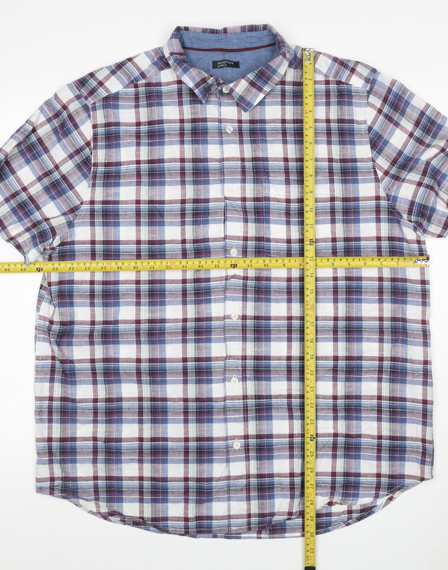 Sandstone by M&Co Men's Blue Check Cotton Short Sleeve Button-Up Shirt XL