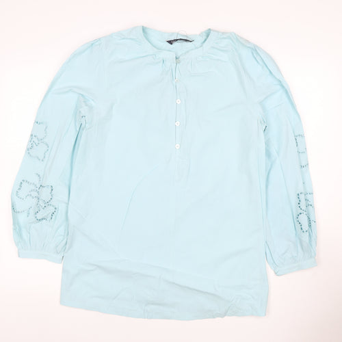 M&S Women Blue Size 10 Cotton Embroidered Long Sleeve Tunic Blouse