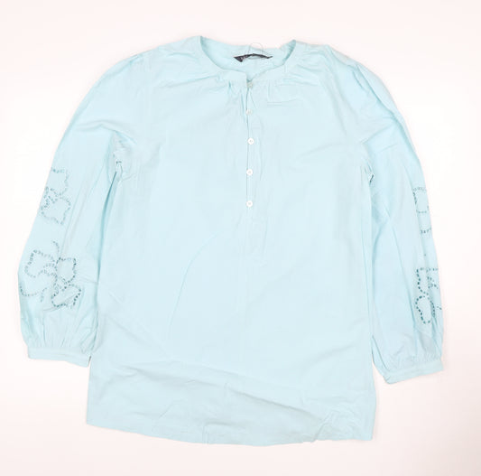 M&S Women Blue Size 10 Cotton Embroidered Long Sleeve Tunic Blouse