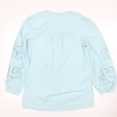 M&S Women Blue Size 10 Cotton Embroidered Long Sleeve Tunic Blouse