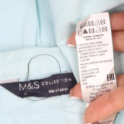 M&S Women Blue Size 10 Cotton Embroidered Long Sleeve Tunic Blouse