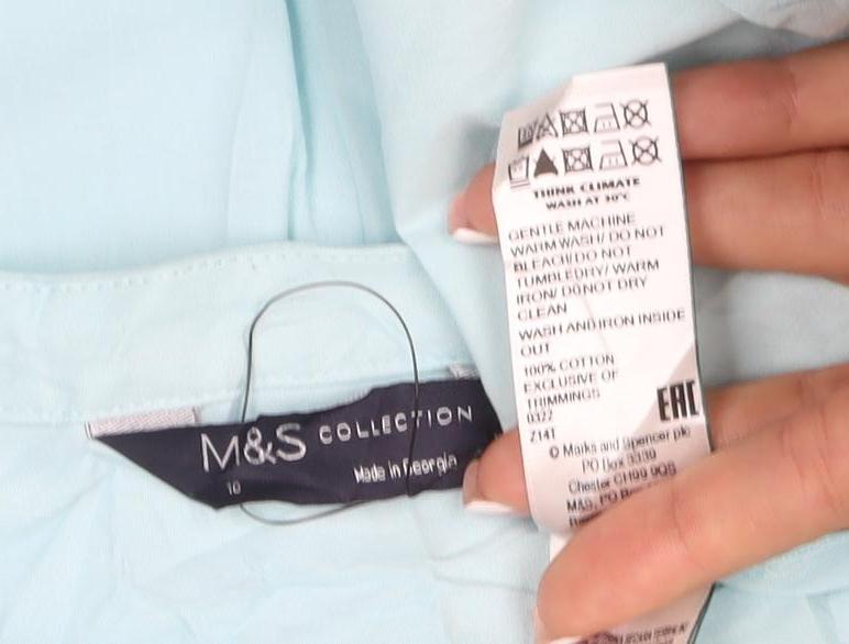 M&S Women Blue Size 10 Cotton Embroidered Long Sleeve Tunic Blouse