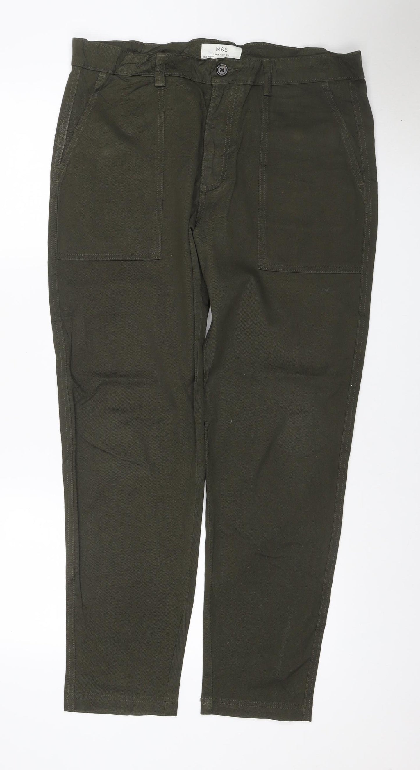 M&S Men’s Green 34/31 Tapered Fit Stretch Cargo Jeans
