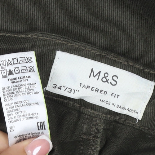 M&S Men’s Green 34/31 Tapered Fit Stretch Cargo Jeans