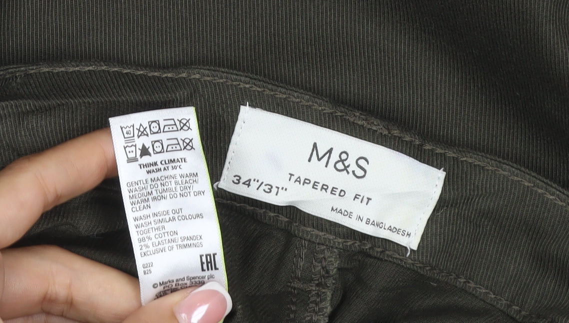 M&S Men’s Green 34/31 Tapered Fit Stretch Cargo Jeans