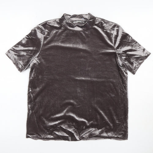 Zara Women Grey Velvet High Neck Short Sleeve T-Shirt Size M