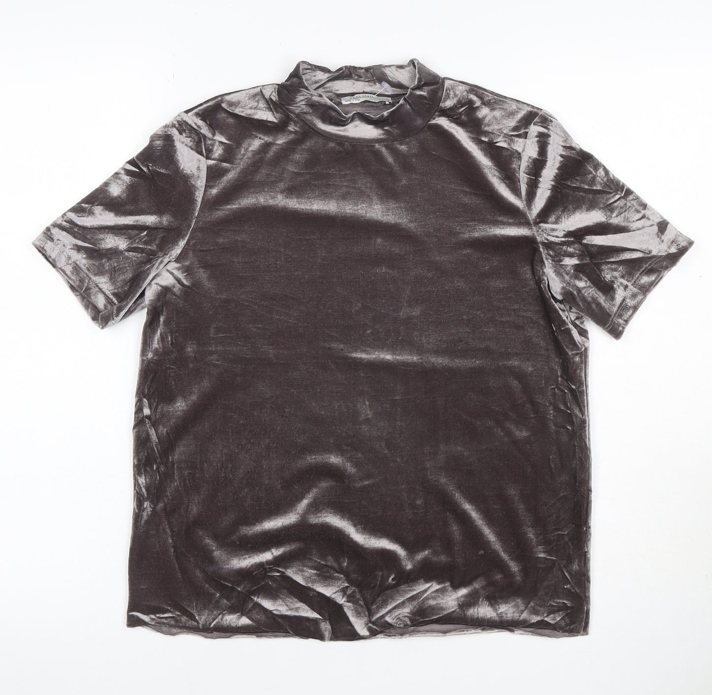 Zara Women Grey Velvet High Neck Short Sleeve T-Shirt Size M
