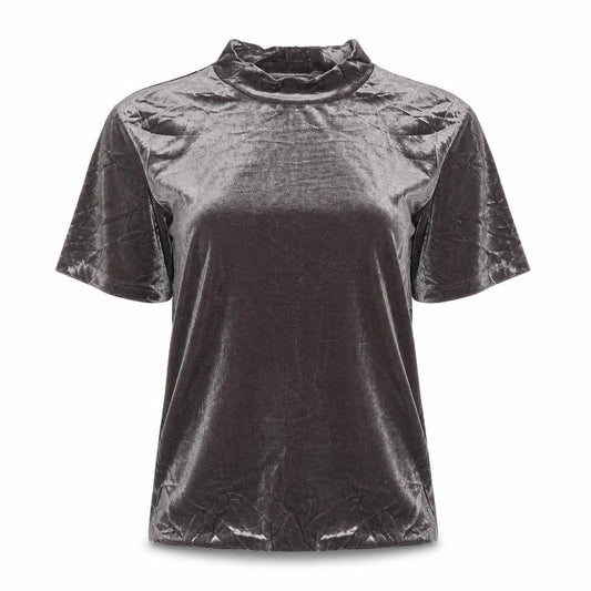Zara Women Grey Velvet High Neck Short Sleeve T-Shirt Size M