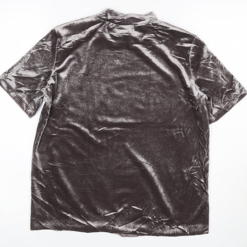 Zara Women Grey Velvet High Neck Short Sleeve T-Shirt Size M