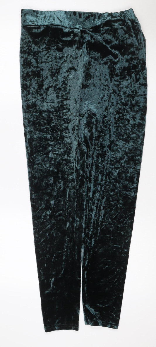Marks & Spencer Women Green Velvet Leggings Size 16 Stretch Party Trousers