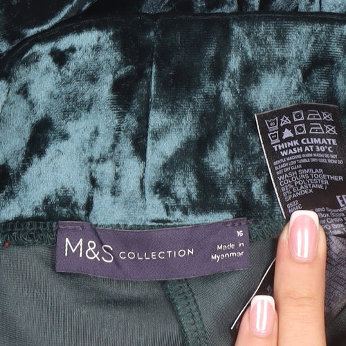 Marks & Spencer Women Green Velvet Leggings Size 16 Stretch Party Trousers
