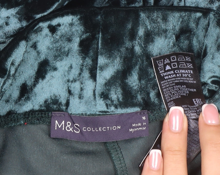 Marks & Spencer Women Green Velvet Leggings Size 16 Stretch Party Trousers