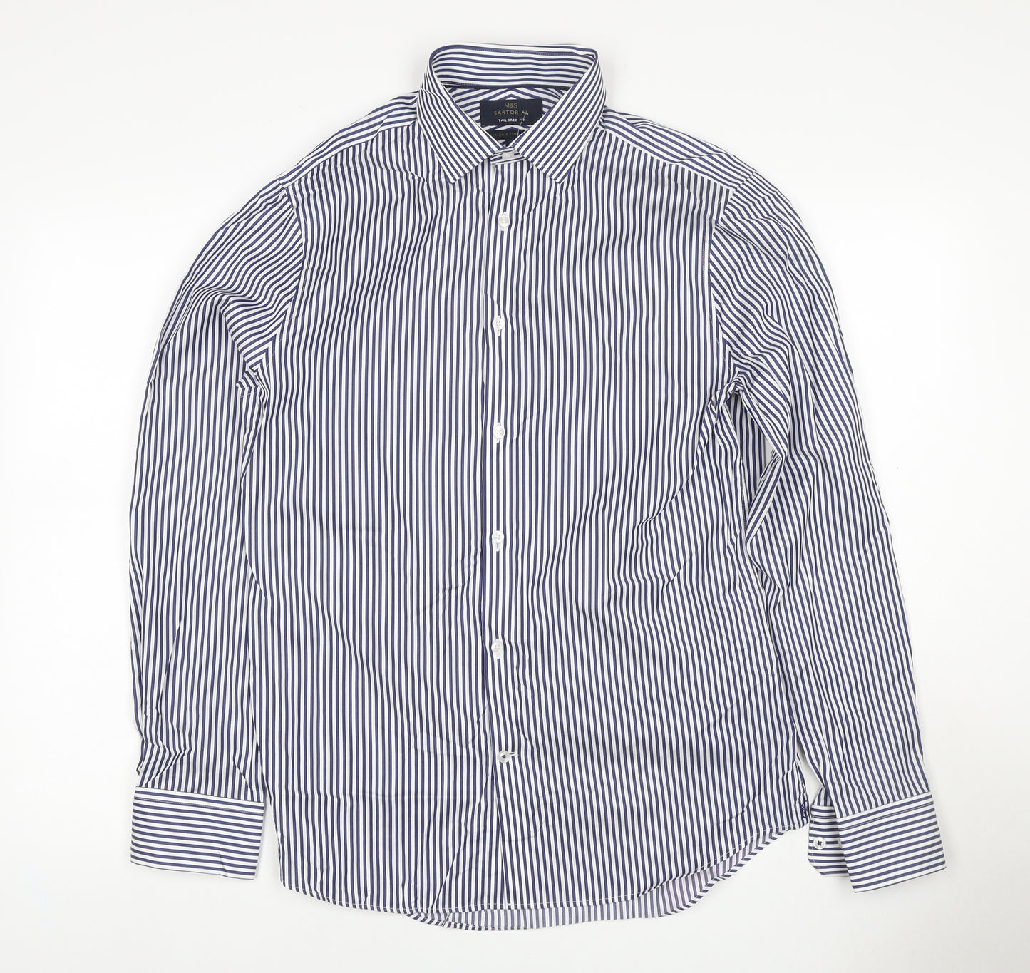 M&S Sartorial Men Blue Stripe Slim Fit Cotton Shirt 15 Long Sleeve