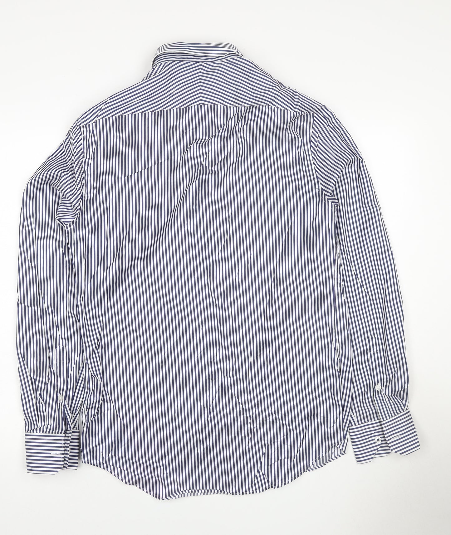 M&S Sartorial Men Blue Stripe Slim Fit Cotton Shirt 15 Long Sleeve