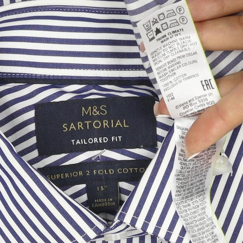 M&S Sartorial Men Blue Stripe Slim Fit Cotton Shirt 15 Long Sleeve